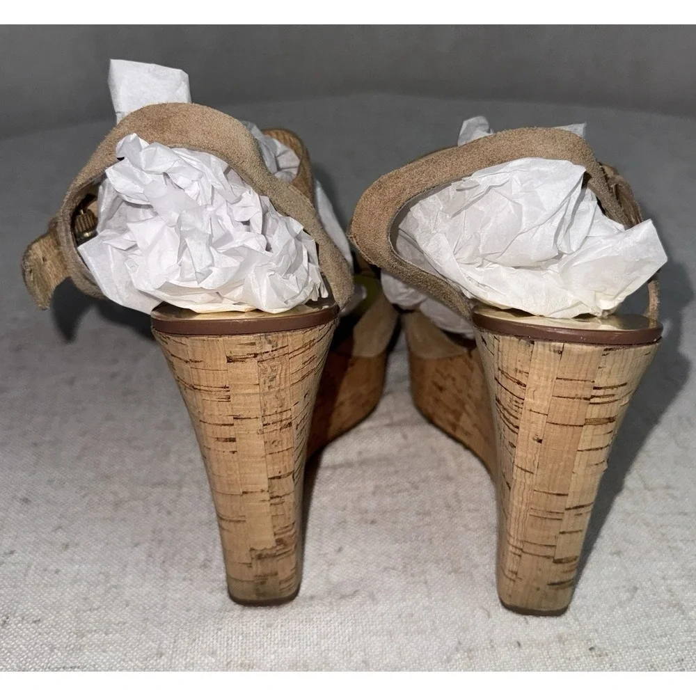 Michael Kors MK Women's Sz 9‎ Suede Leather Cork Wedge Heels Sandals Tan Taupe